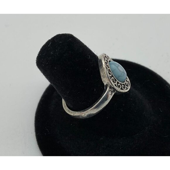 Silver Tone Oval Blue Veined Stone Solitaire Filigree Frame Ring 6.5 - Picture 4 of 6